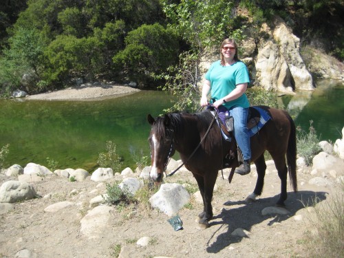 Nancy and Willing Spirit on a Horseback Riding Vacation by Ojai, California's Ventura River