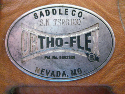 Saddle tag shows this western saddle was made from the ORIGINAL  Nevada, MO Ortho-Flex Saddle Company