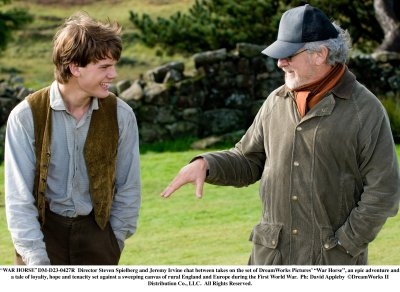 Equestrian says characters in War Horse are underdeveloped. Here Director Steven Spielberg talks with Jeremy Irvine who plays Albert
