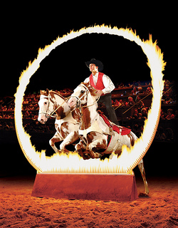 Horses jump through ring of fire during this horseback riding vacation at the Dixie Stampede