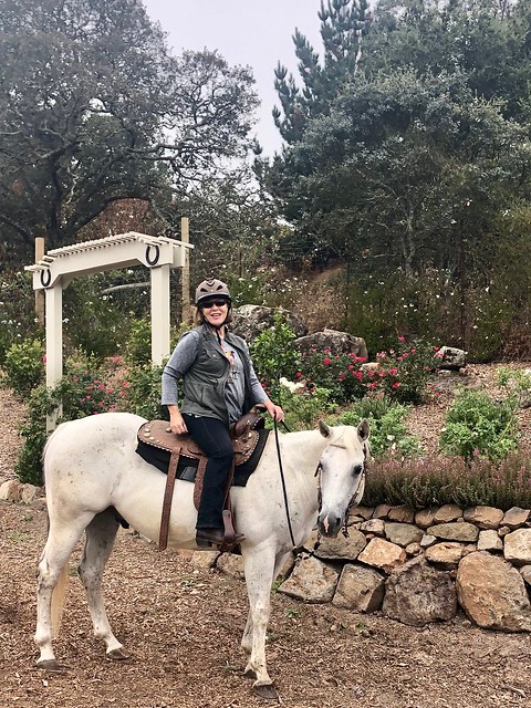 Author Nancy D. Brown on her horse in front of the winemaker's outlook, a garden with bench looking over the ranch property.