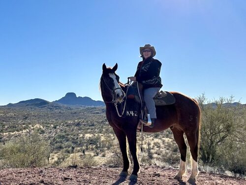 Nancy D. Brown is riding Wilson, a Quarter Horse from Rancho de los Caballeros in Wickenburg, Arizona. Brown is riding in a Western Saddle, cowboy boots, a Pendleton vest and a felt cowboy hat. Her horse, Wilson, has his head turned with Vulture Peak, a rock formation in the background in the Sonoran Arizona desert. 