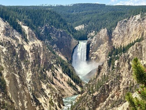 Artist Point Lower Falls waterfall, deep in the canyon. Pine trees, sandy loam and rocky shale slope into the canyon of Yellowstone National Park. 