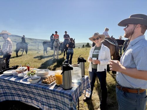 CircleBarBreakfastRideSerenaEvanHobsonMT640x480 Five horses with western riders are in the Montana pasture. A young adult cowgirl and cowboy hold coffee cups as they wait for breakfast to be ready at an outdoor Montana dude ranch trail ride. Bowls of yogurt, fresh fruit and plates of muffins are on the blue and white checked table cloth. Two thermoses of coffee and a glass carafe of ice water are at the right of the table.