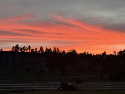 CircleBarSunset640x480 Brilliant shades of pink and gray cover the Montana sky at sunset. The ridge of pine trees on the hillside are dark in color as the sun sets in Montana.